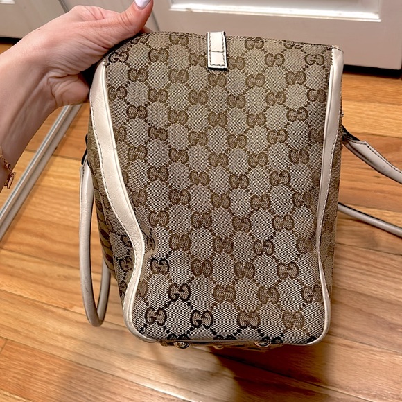 ✨ GUCCI ✨ Authentic GG Canvas White Leather Flower Handbag Satchel Tote - Picture 13 of 16
